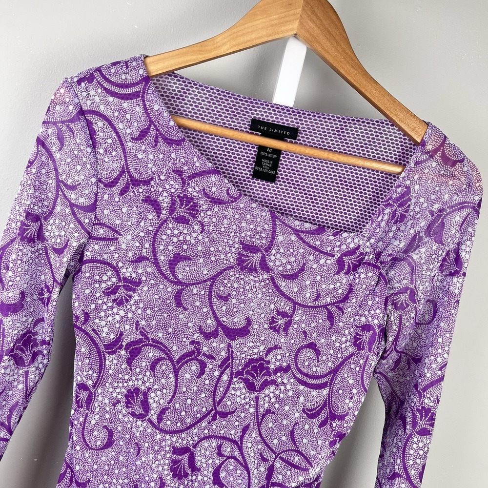 Express Mesh Top Womens M Purple Floral Long Sleeve Nylon Vintage Y2K Fairycore
